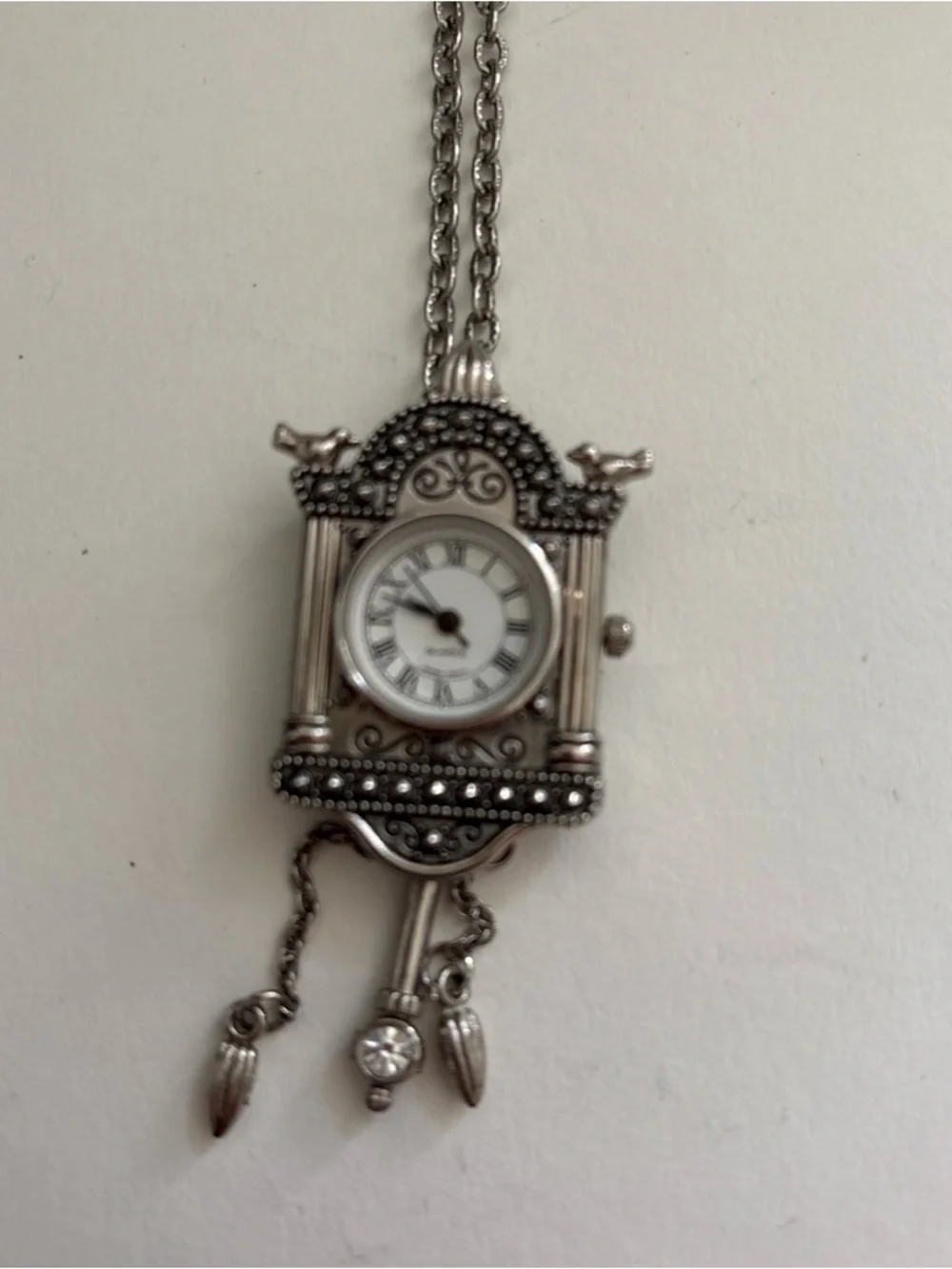 Vintage-Inspired Silver Cuckoo Clock Pendant Necklace - Silver - Picture 4 of 16